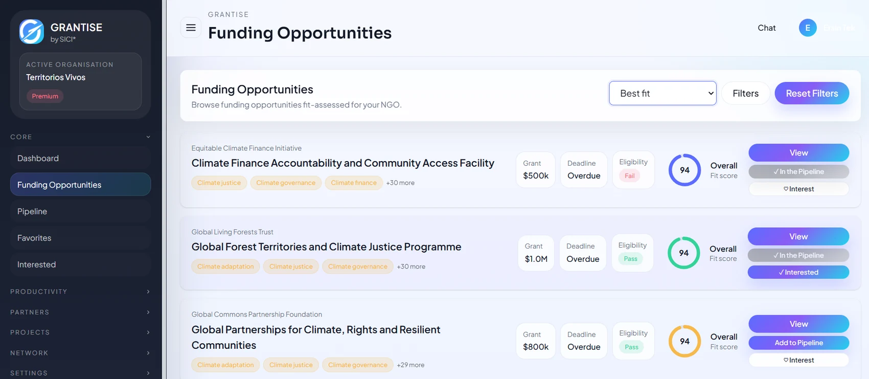 Grantise funding opportunities interface